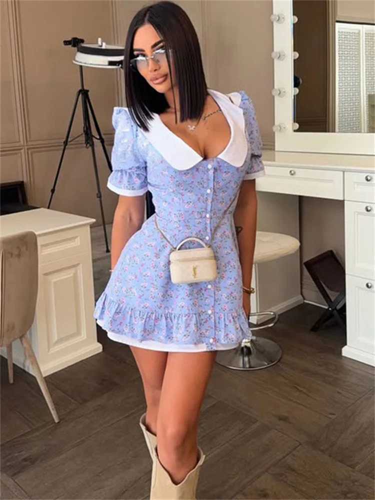 Tossy Printed Casual Lapel Mini Dress Womens Ruffled Slim Cardigan Commute Short Sleeve Contrast Dress Female Bodycon Dress New R250716