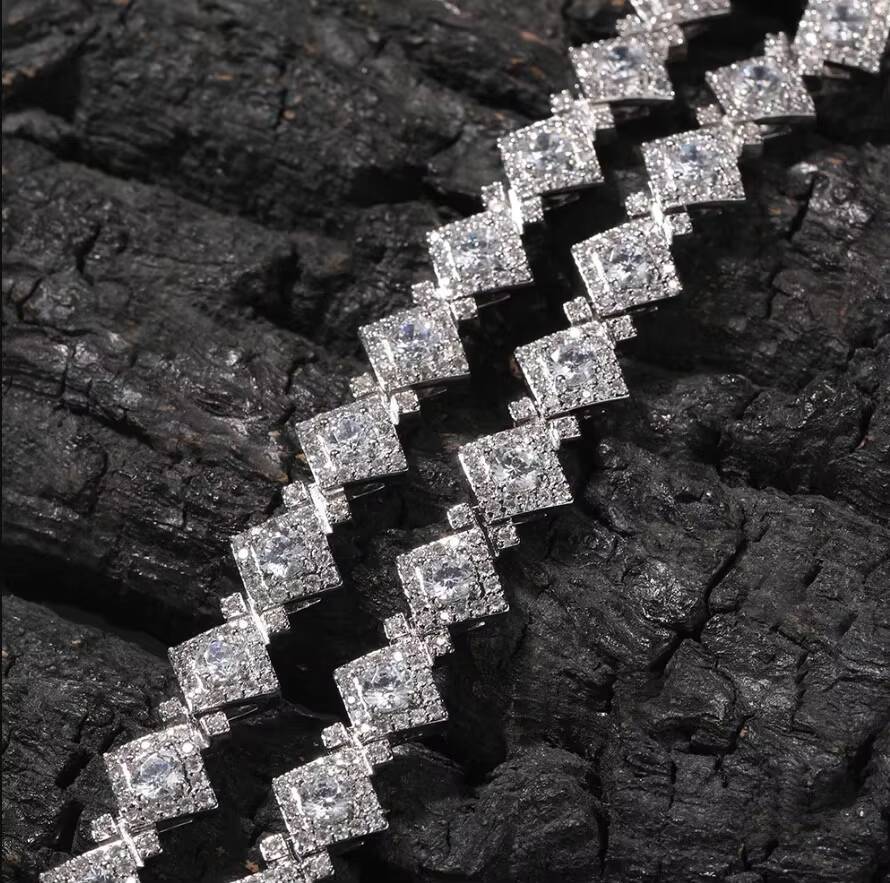 High Quality 12mm Moissanite Diamond Clustered Tennis Chain Rock Hip Hop Style Full Rapper Jewelry for Parties
