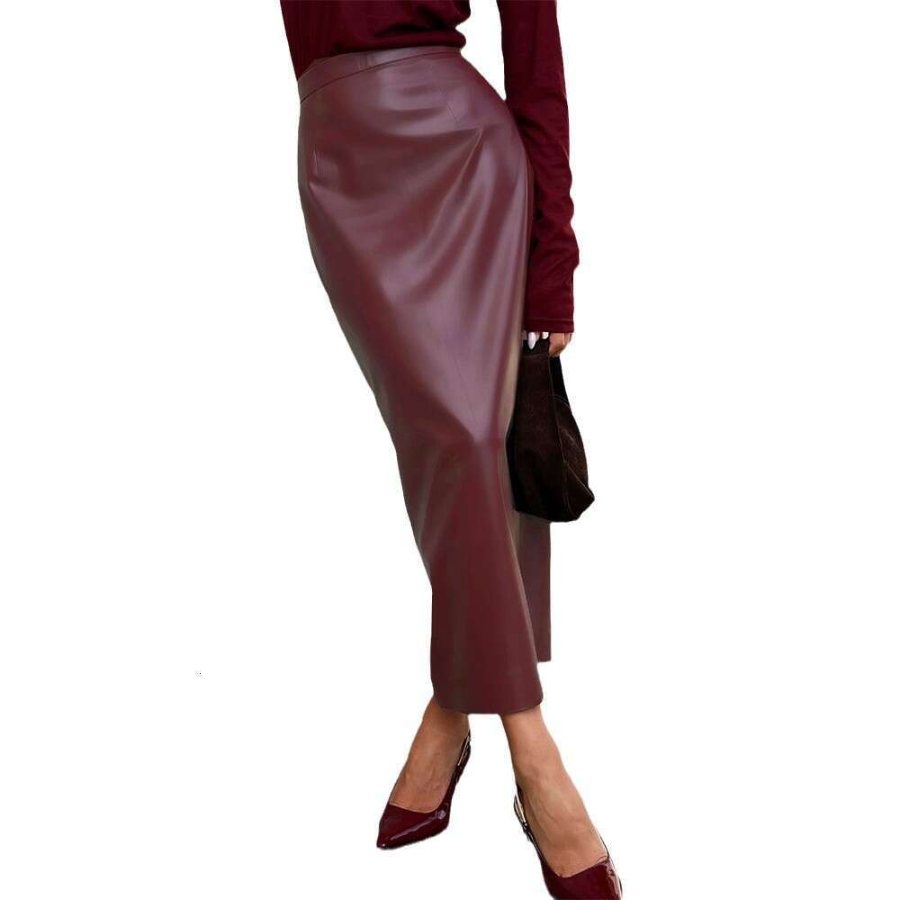 Ankela Red Split Bodycon Autumn New Fashion Leather High-End Slim PU Midi Skirt B5