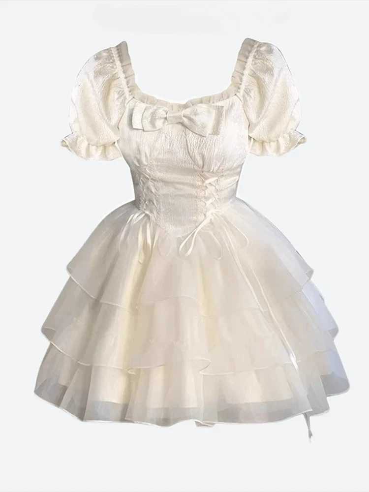 Summer New French Sweet Fairy One Piece Dress College Style Square Neck Bow A-Line Short Dress Women Elegant Party Clothes R250716