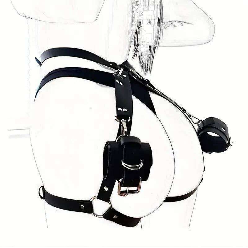 Bdsm Leather Garter Belt Lingerie Gothic Rave Costume Adult Bandage Lencerias PU Leg Loops Plus Size Underwear With Handcuffs