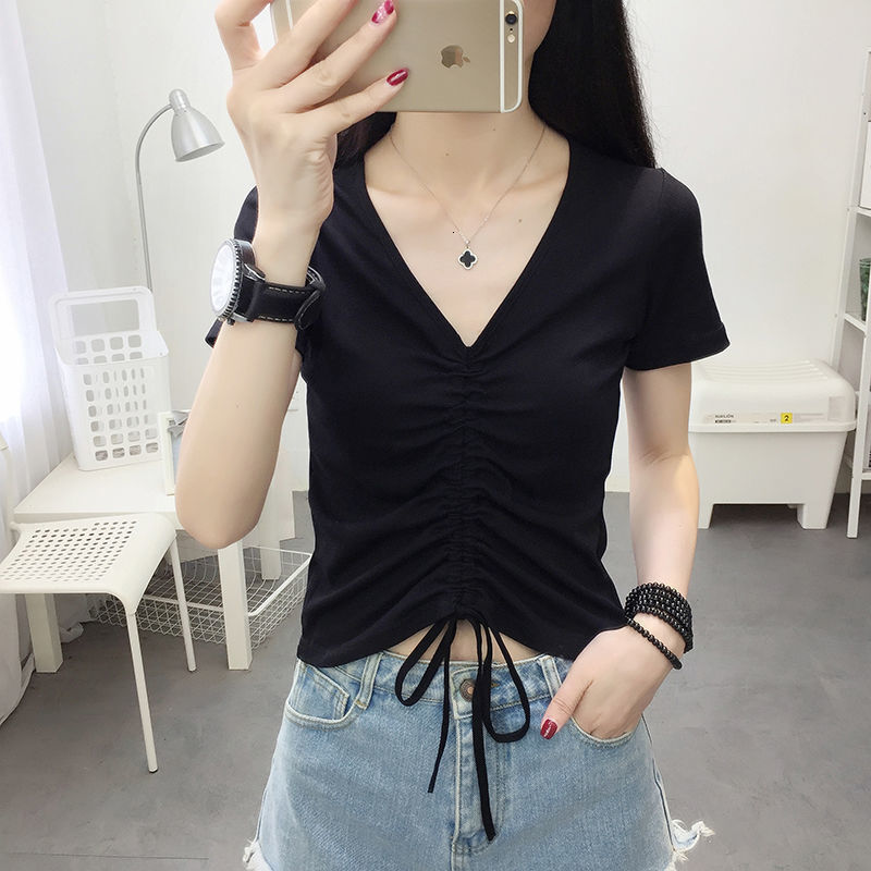 Summer New Women S T Shirt Ribbed Cotton Design Short Sleeve For Slim Fit V Neck High Waist Drawstring Top Base Designer