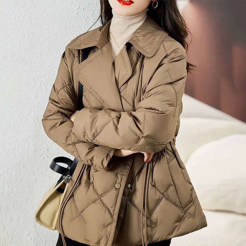Lagabogy 2025 Autumn Women White Duck Down Double Breasted Jacket Winter Adjustable Waist Outwear Turn-Down Collar Puffer Coat