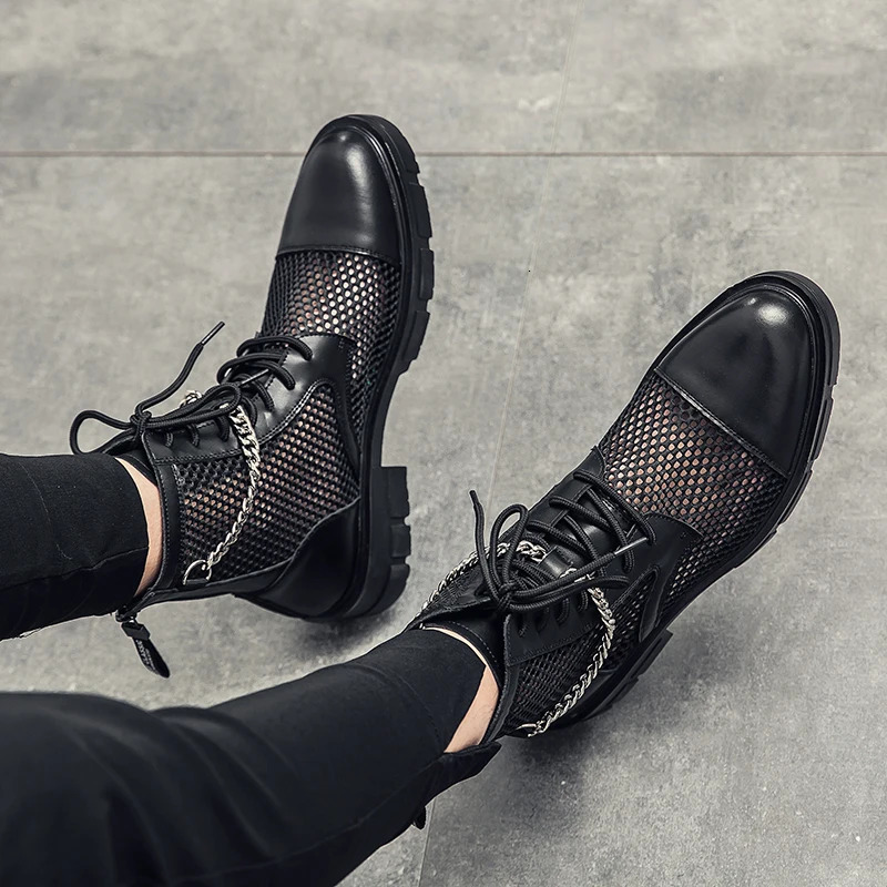 Men Summer Boots Fashion Lace-Up Dress Casual Loafers Motorcycle Black Mesh Breathble Party Business Boys Shoes Big Size 38-46 250715