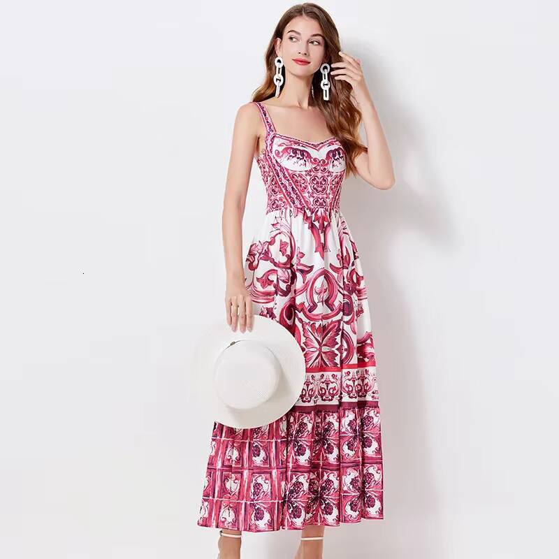 Summer French Vintage Long High-Waisted Elegant Socialite Style A- Line Ceramic Printing Waist-Length Dress dongdumaoyi