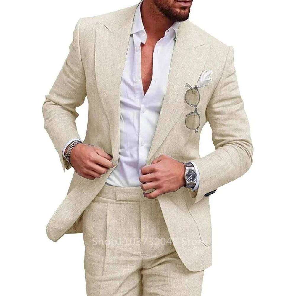 Light Blue/Beige Linen Wedding Men Suit Casual Single Breasted Slim Fit Blazer Pants High Quality Summer 2 Piece Costume Homme
