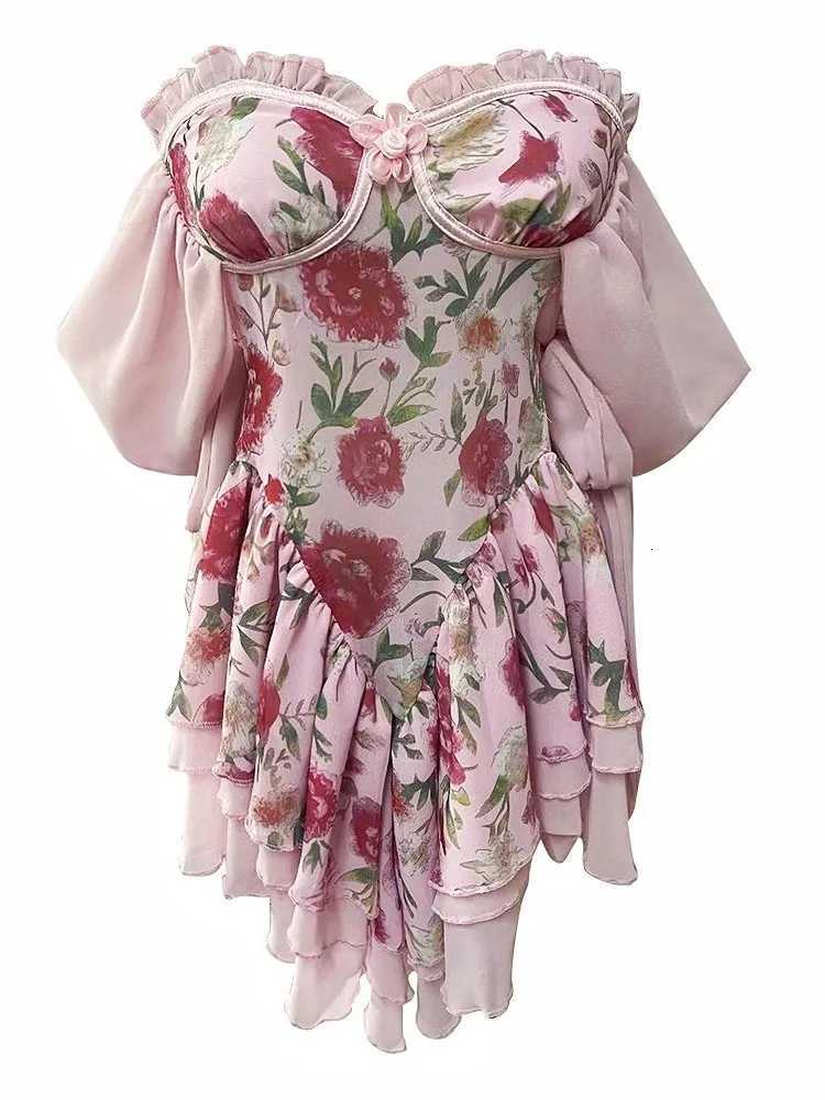 Elegant Mature Gentle V-neck Low Cut Floral Lace Stitching Design Waist Closing Slimming Dress Slim Strapless Short Dress IEUS R250716