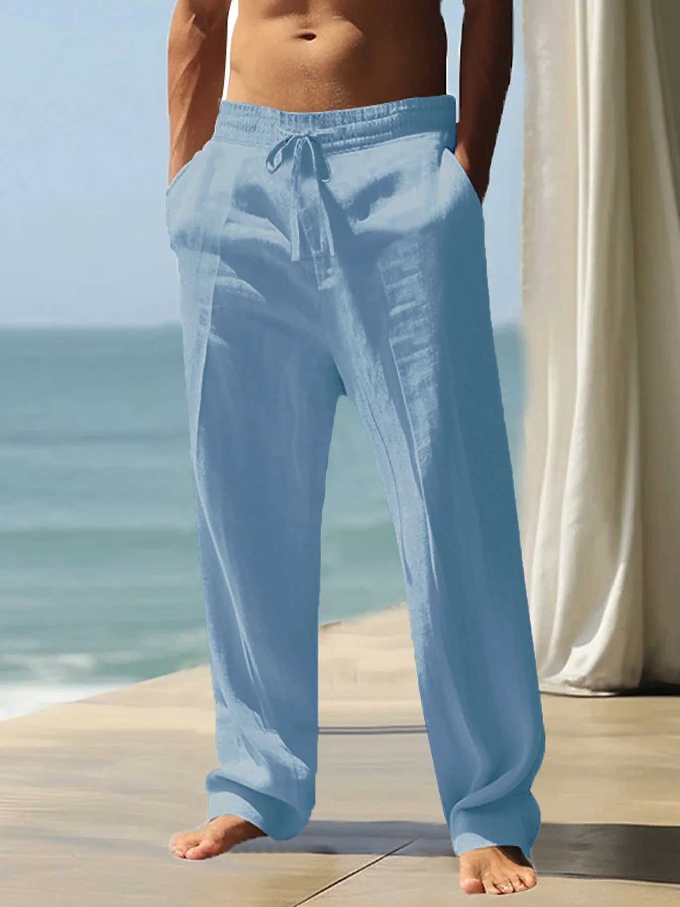Mens Casual Breathable Pants Summer Solid Color Elastic Waist Trousers Loose Fit Lightweight Wide Leg Pants Streetwear y250716