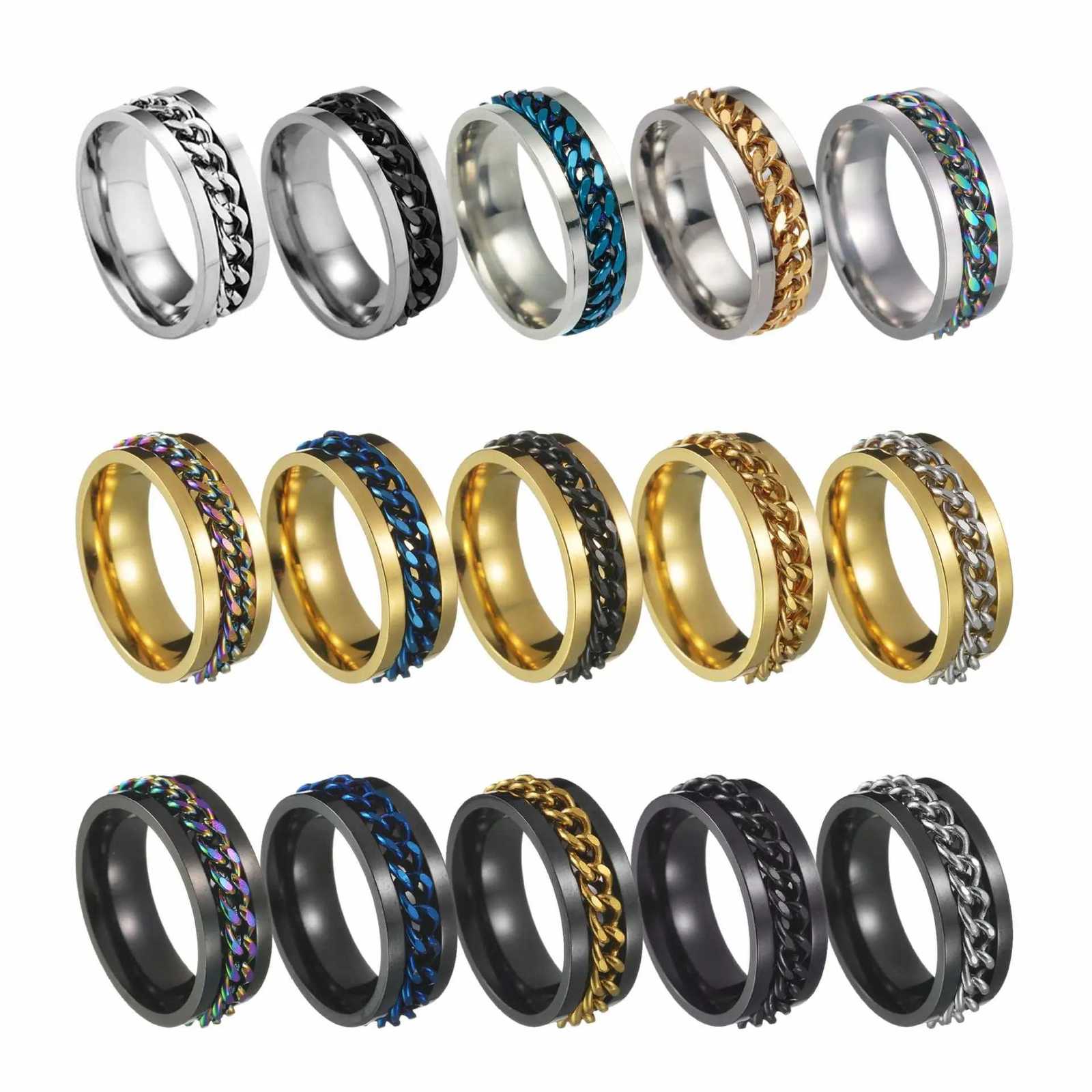 Stainless Steel Chain Spinner Finger Ring for Men Rotate Rotating Anxiety Fidget Rings Blue Gold Color Black Punk Rock Jewelry S250716
