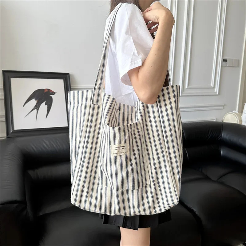 Shoulder Bag Large Capacity Canvas Bag for Women Causal Striped Shopping Lightweight Commuting Shoulder Bags 250714