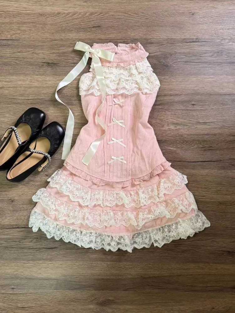 Summer Sweet Cute Pink Lace Up Women Outfits Lace Bow Slim Y2k Crop Tops + High Waist Mini Skirt Elegant Fashion 2 Piece Sets R250716