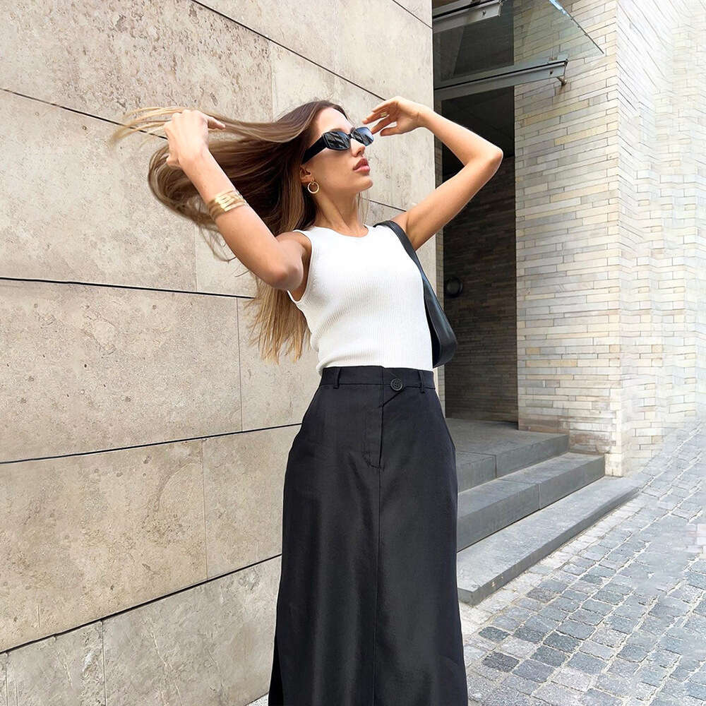 Slit For Women Spring Summer New High Waist Elegant Commuter Midi Skirt A-Line Dress B5