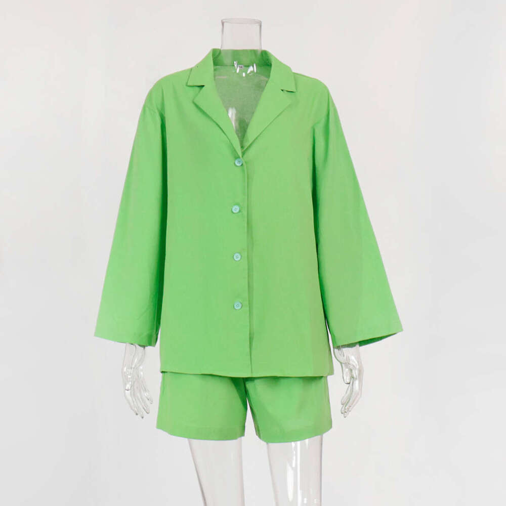 Pure Cotton Shorts For Women Summer Turn-Down Collar Loose Single-Breasted Shirt + High-Waisted Straight-Leg Pants Two-Piece Set B5