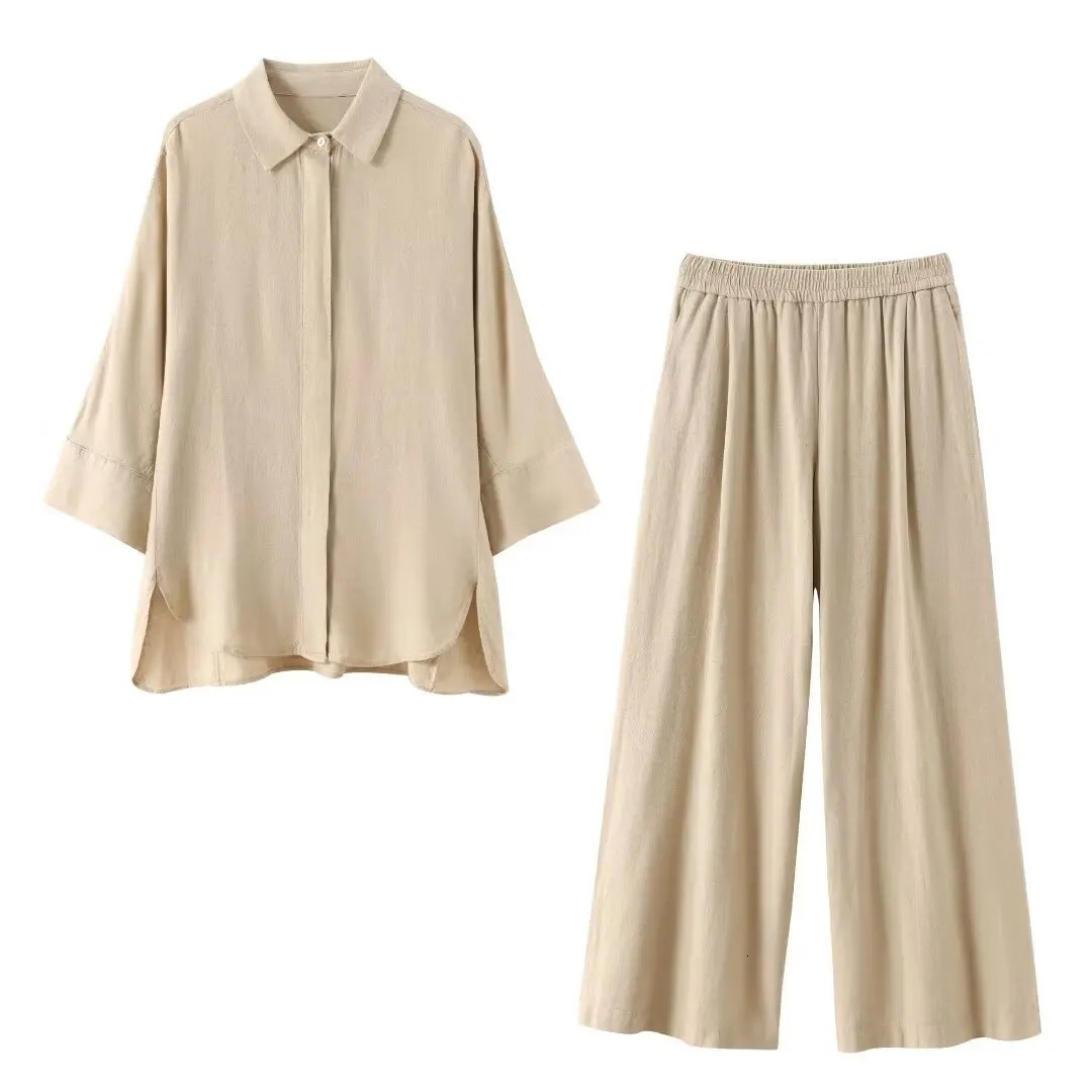 Womens Two Piece Set Solid Color Loose Single-Breasted Shirt Elastic Waist Pocket Folds Decorate Wide Leg Pants 2 Piece Sets 250715