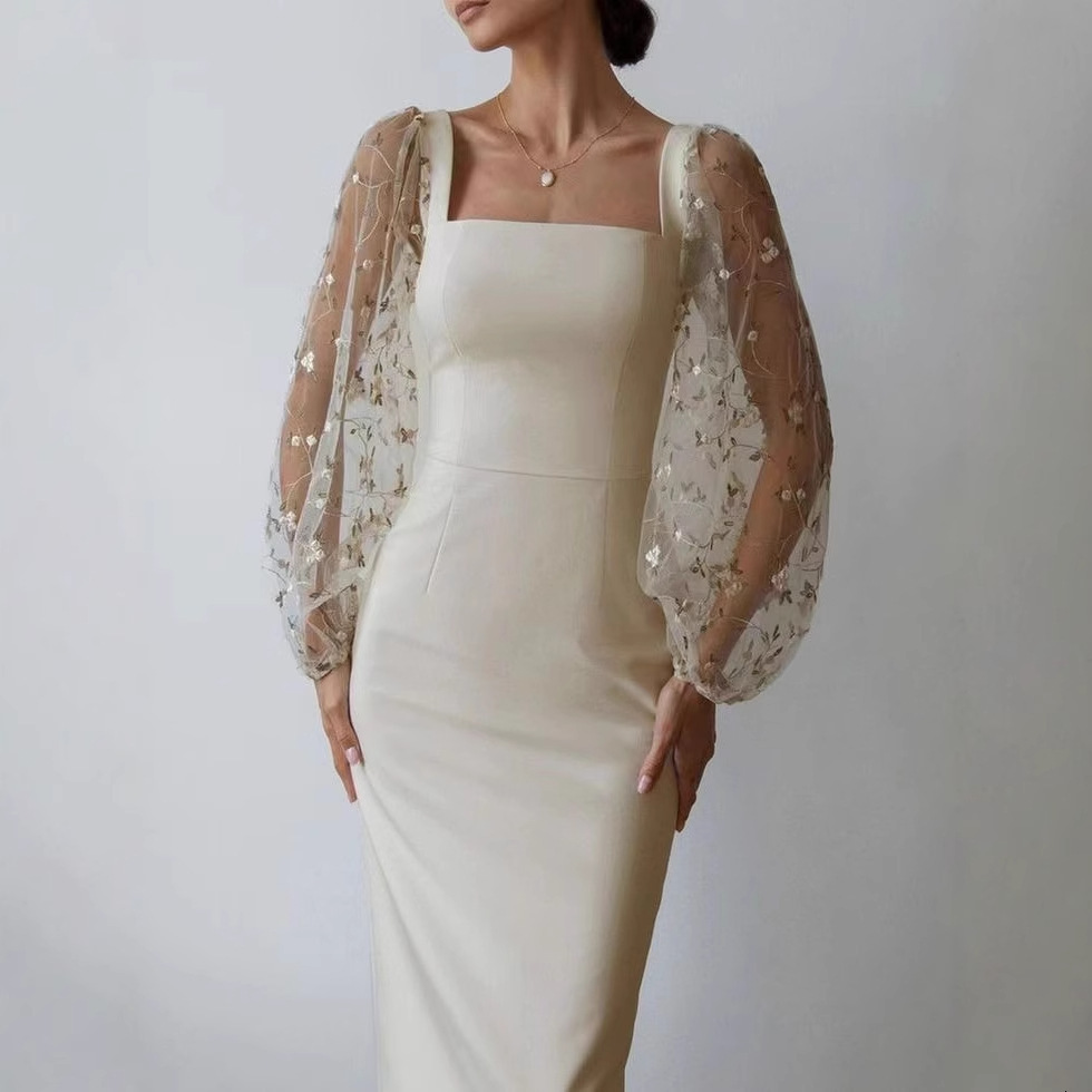 2025 GY2199 European and American Cross-Border Simple Elegant Embroidered Patchwork Bodycon Dress