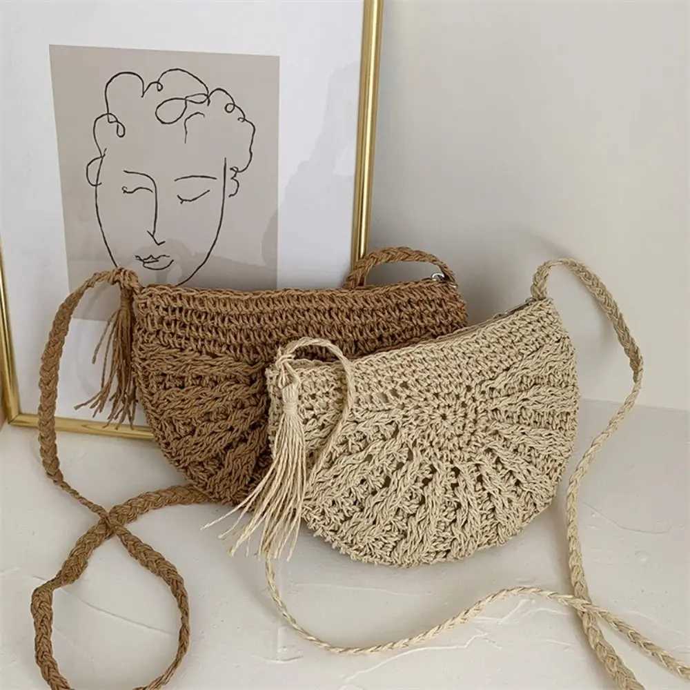 Trendy Half-round Weave Bag Handmade Hollow Woven Shoulder Bag Tassel Boho Womens Crossbody Bag Travel