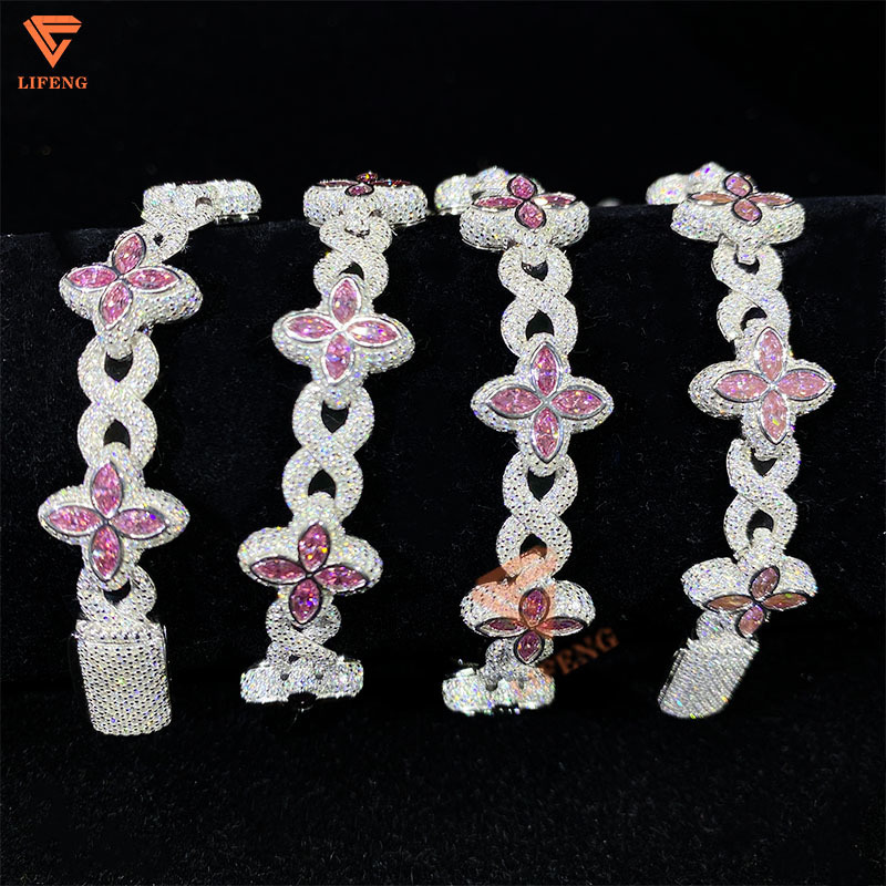 Custom Hip Hop Jewelry 14mm White Gold 925 Sterling Silver Pink Moissanite Diamond Four Leaf Clover Infinity Link Bracelet