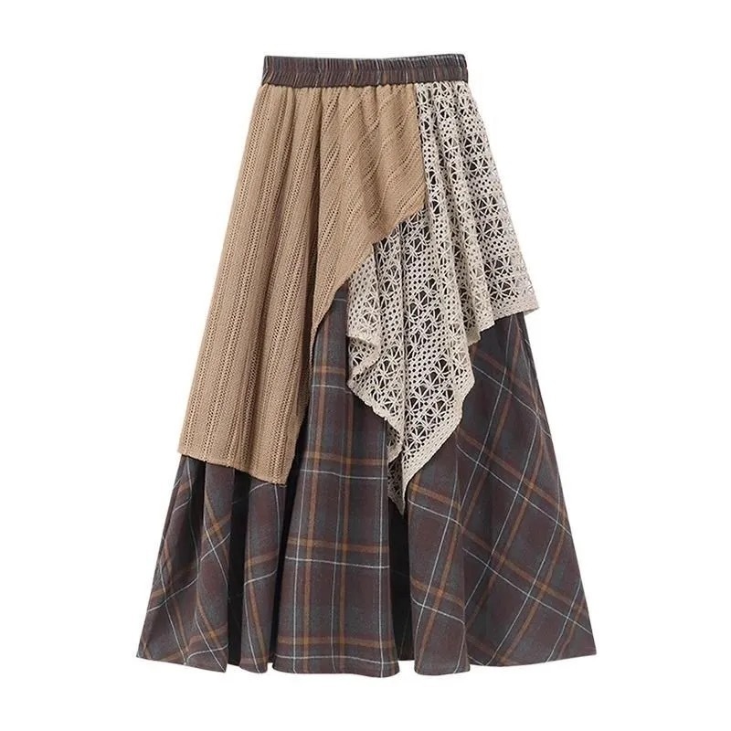 2025 Forest Style Retro Plaid Half Skirt for Women New Autumn Winter Design Irregular Patchwork High Waist A-line Long