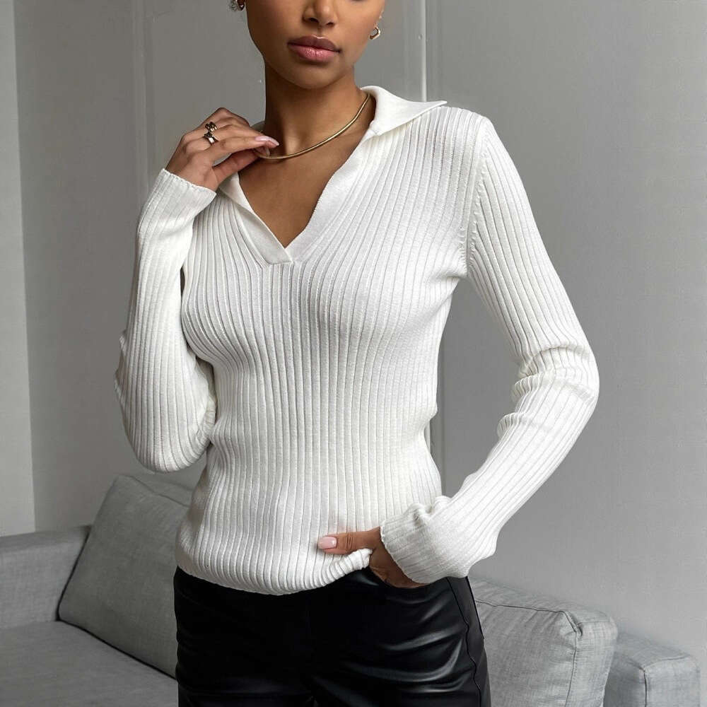 POLO Collar Knitted Autumn Winter Elegant Commuter Slim Fit Ribbed Base Pullover Sweater For Women B5