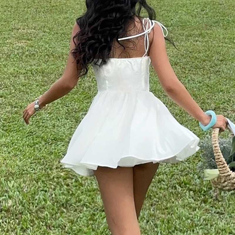 HEYounGIRL Elegant Lace Trim Strappy Dress with Breast Pads Aesthetic Chic White A-line Princess Dress Summer Vacation Style R250716