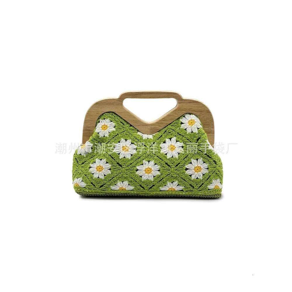 Fashionable Handmade Crochet Knitted Hand-held Straw Woven and Designer Beach Bag Solid Wood Handle Dinner Bags