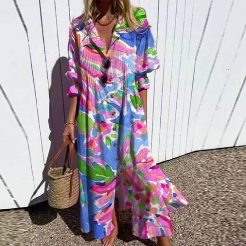 2025 Retro Pattern Printed Vacation New Womens V-neck Single Breasted Shirt Casual Loose Bohemian Long Dress dongdumaoyi