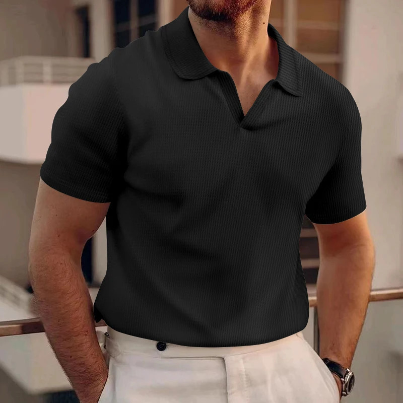 24 cross-border European and American summer polo shirt lapel V-neck waffle short sleeve mens T-shirt 250716