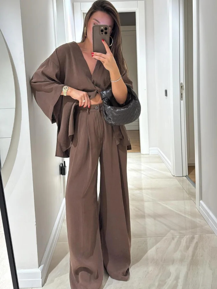 Brown Cotton Linen Loose Pants Set Womens Oversized V- Neck Buttons Shirts Suit Lady Summer Casual Daily Street Outfits 2025 250715