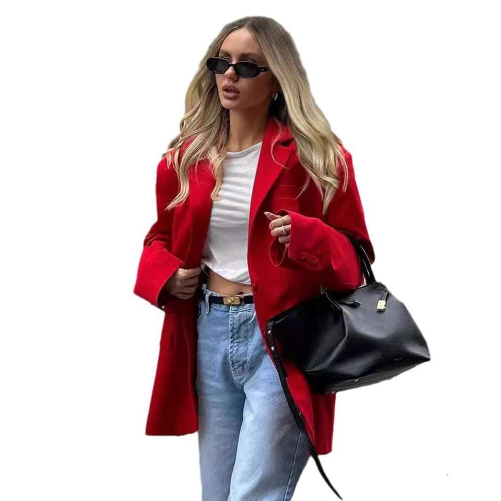 Summer New Style Elegant Padded Shoulder Loose Turn-Down Collar Pocket Red Blazer Jacket B5