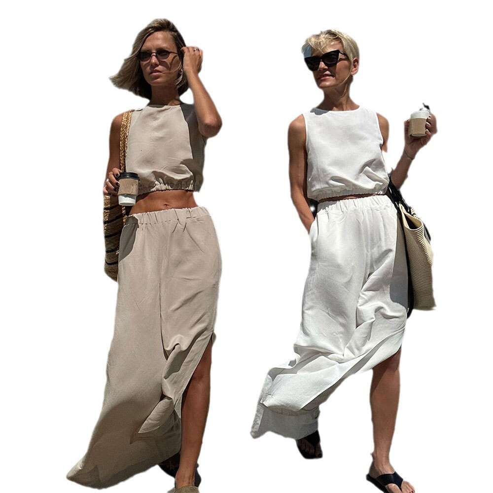 Summer Cotton Linen Short Sleeveless Elastic Waist Exposed Top + Long Pants With Slits Two-Piece Set B5