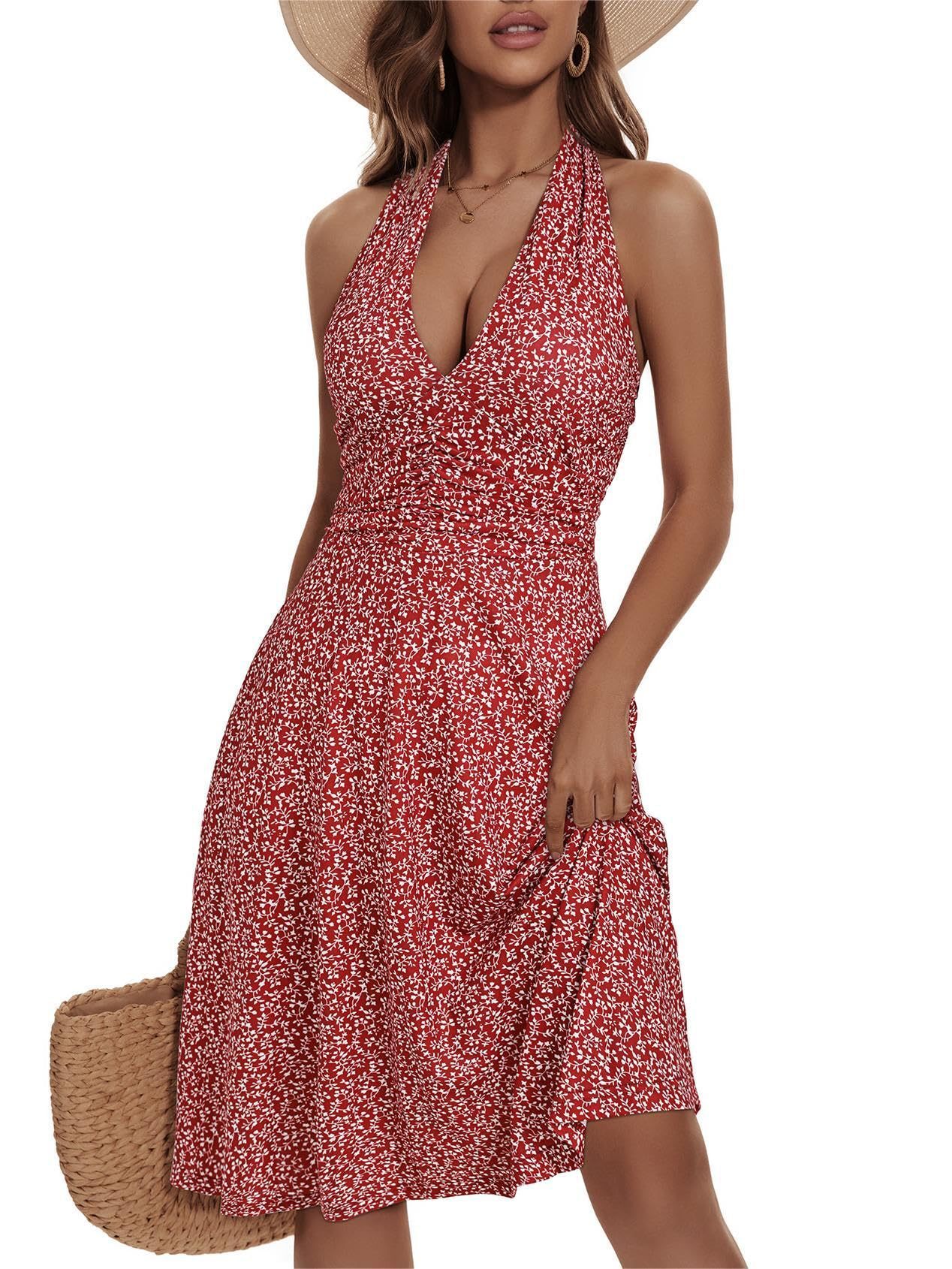 2025 European and American Cross-Border Women's Clothing Halter Neck Bohemian Pocket Elastic Waist Pleated Dress Tank Sleeveless