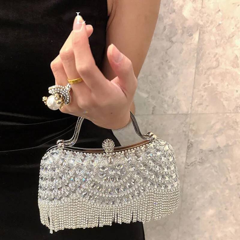 Dia Evening Clutch Bag Golden Tassel Handbag Boutique Novelty Metallic Rhinestone Purses And Handbags Bridal Wedding Party