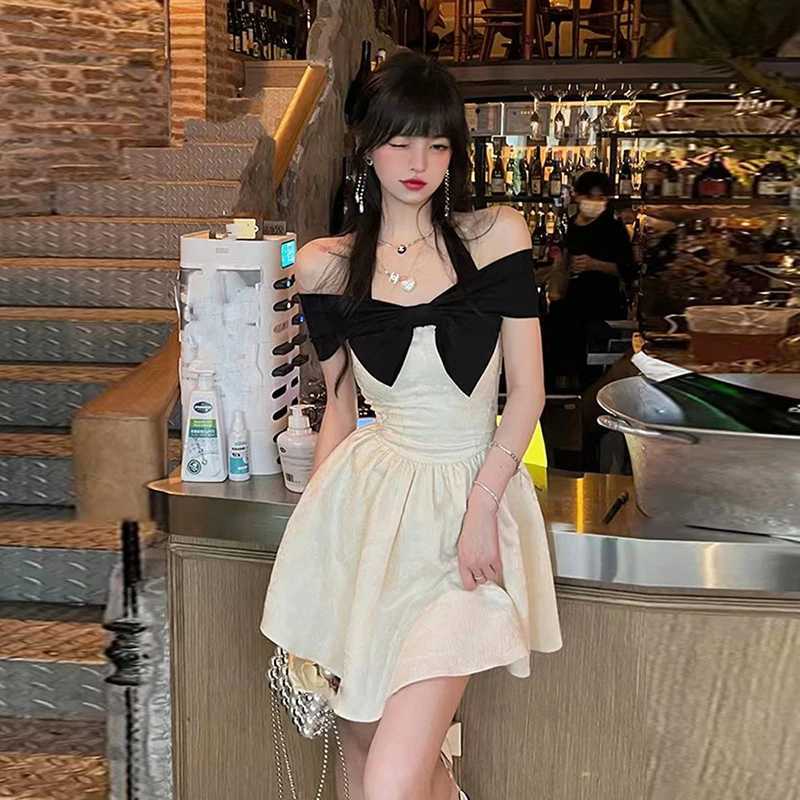 MEXZT Elegant Bow Mini Dress Women Fashion Party Sexy Slash Neck Dresses Summer Fairy Korean Halter Bodycon A Line Dresses New R250716