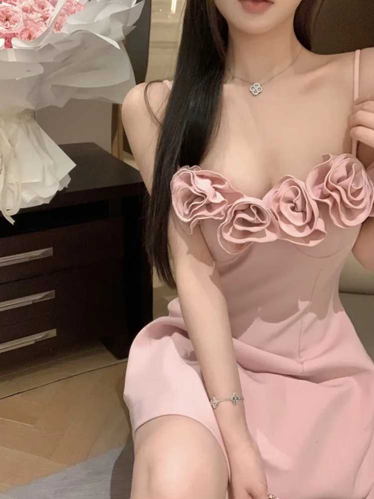Women Summer Spaghetti Straps French Style Princess Pink Prom Gown 3D Flowers A-line Mini Party Dresses Lovely Tutu Dress R250716