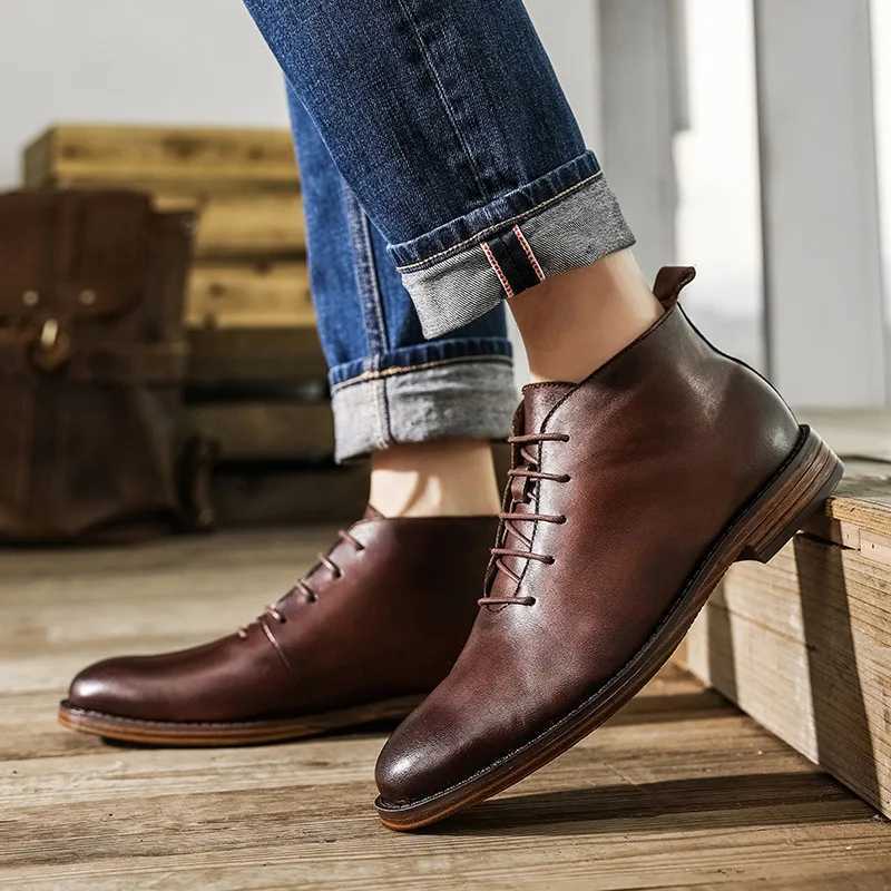 Retro Ankle Boots For Men High Quality Genuine Leather Shoes Elegant Lace Up Business Office Footwear W250716