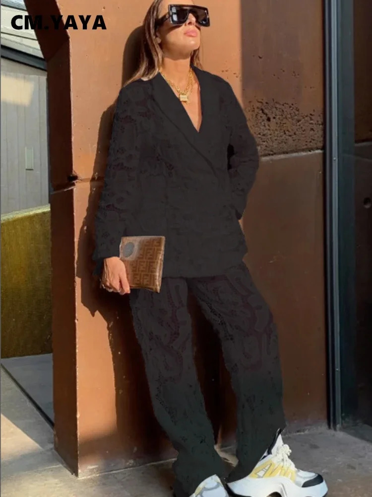 CM.YAYA Vintage Women Lace See Though Long Sleeve Blazer Suit and Wide Leg Straight Pants Set Two 2 Piece Set Outfits 250715