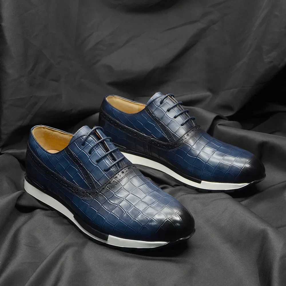 Luxury Men Genuine Leather Casual Sneakers Comfortable Lace Up Oxford Daily Social Shoes Stone Pattern Solid Blue Mens Footwear W250716