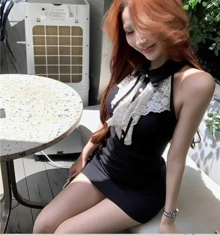Kimotimo Hotsweet Y2k Dress Women Lace Splicing Bow Halter Waist Slim Fit Hip Mini Dresses Fashion Birthday Party Dress Summer R250716