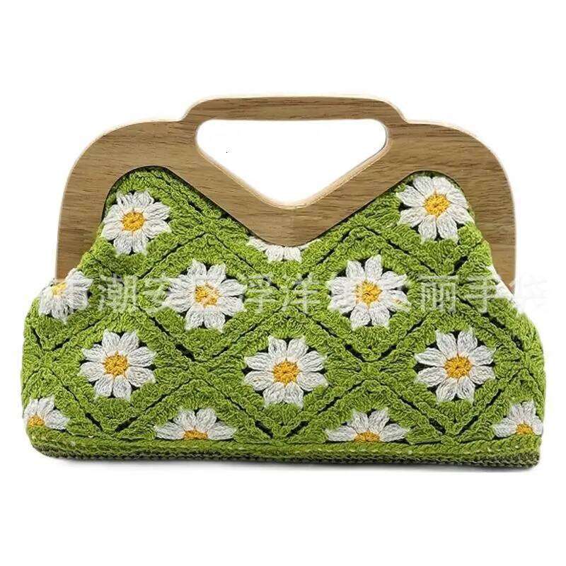 Fashionable Handmade Crochet Knitted Hand-held Straw Woven and Designer Beach Bag Solid Wood Handle Dinner Bags