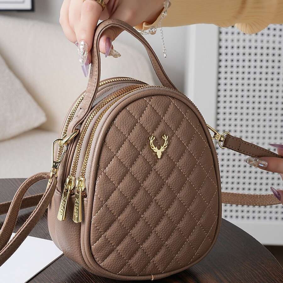 Quilted Leather Crossbody Phone Bag with Charm Stylish Compact Shoulder Purse for Travel Daily Use Lightweight and Durable Handheld Design