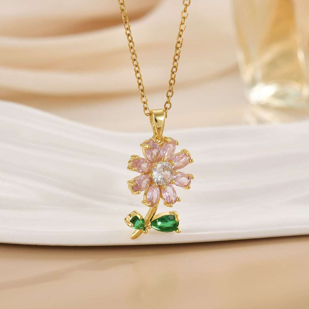 For Women, Internet Celebrity Colorful Zircon Flower, Niche Fashion New Design Pendant, Elegant Set, Titanium Steel Necklace 9A9