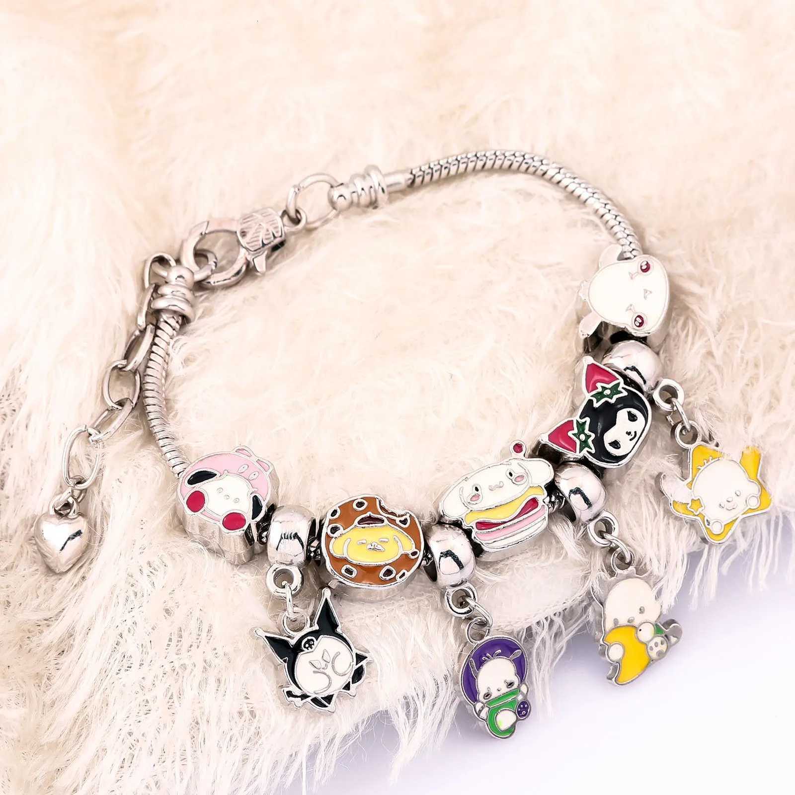 Sanrio Anime Hello Kitty Pendant Charm Bracelet Kuromi Classic Pink White Crystal Stone Adjustable Bead Bracelet in Silver and Gold Color Giftw250716