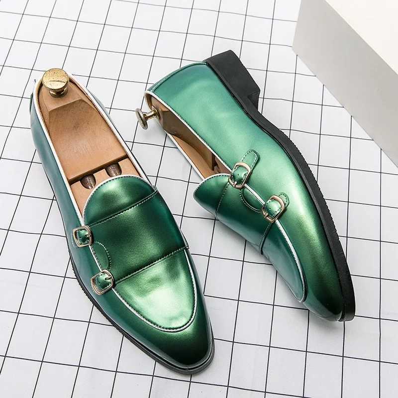 British Trendy Mens Pointed Toe Purple Green Monk Strap Patent Leather Shoes Trendsetter Wedding Dress Prom Formal Footwear Y250715