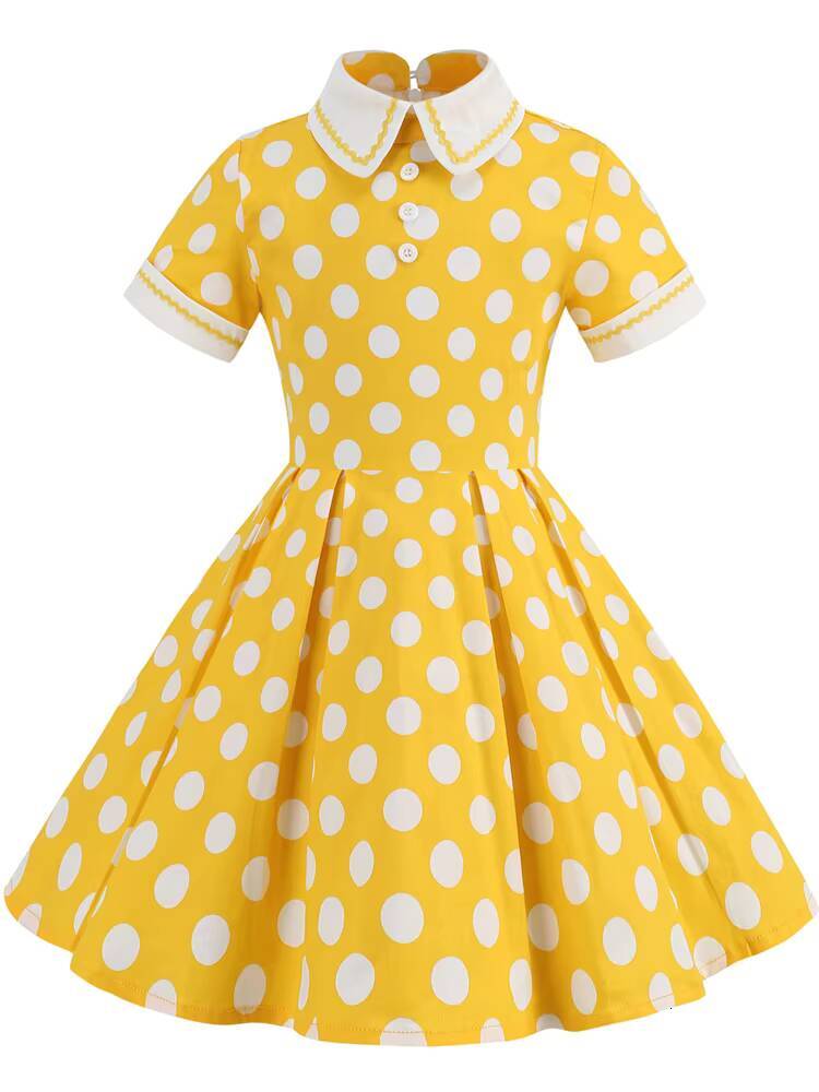 Hepburn Style 50s Vintage Childs Casual Dot Print Cosplay Costume Party Little Girls Midi 60s Elegant Pleated Dress dongdumaoyi