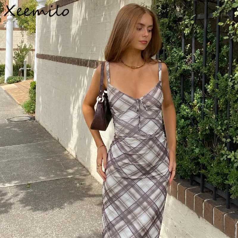Vermint Plaid Print V-neck Maxi Dress Sexy Backless Spaghetti Straps Sundresses Autumn Club Party Women Slim Vestidos R250716