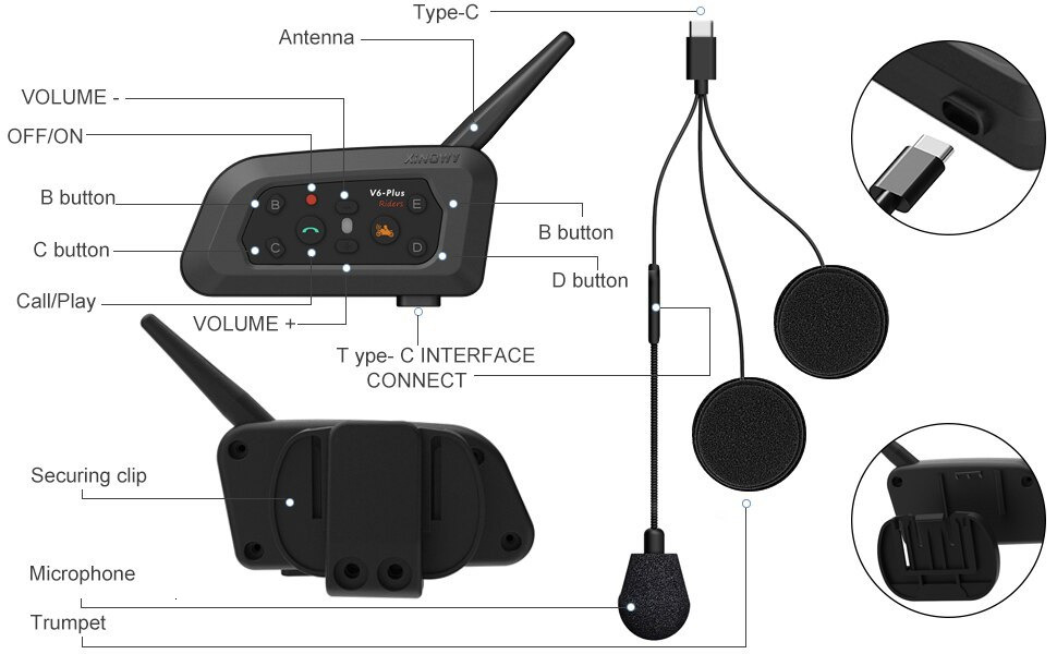 V6 Plus Bluetooth Motorcycle Helmet Intercom Headset With 1500M BT 5.0 Interphone Communicator for 6 Riders Waterproof