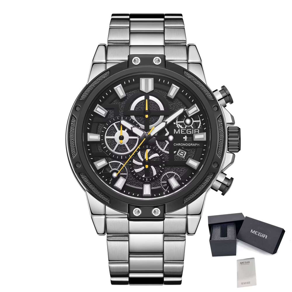 MEGIR 2108 Mens Quartz Watch Black Stainless Steel Band Chronograph Calendar Luminous Hands Waterproof Casual Simple Style
