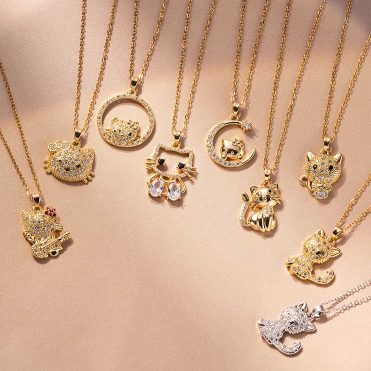 Sanrio Gold Color Fashion Cute Sanrio Hello Kitty Zircon Pendant Necklaces for Women Girls Lovely Cartoon Cat Kitty Jewelry Accessories w250716