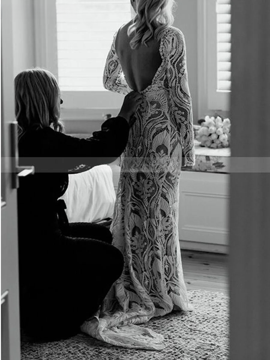 Boho Full Lace Wedding Dresses Sexy Appliques Sheath Long Sleeve Backless V Neck A Line Bridal Gown Sweep Train Custom Made Color/Size