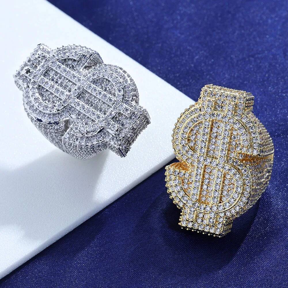 Hot Selling Hip Hop Jewelry Brass 5A Cz Iced Out Dollar Big Rings Mens Good Quality Money Ring Party Gift